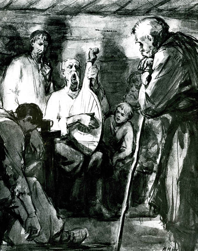 Іл. «Бандурист Кулик» до повісті «Зачарована Десна» О. Довженка. 1960. Папір, акварель